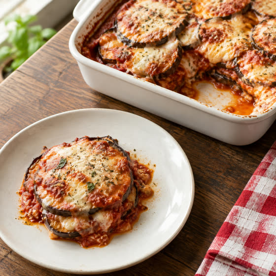 Baked eggplant layered with tomato sauce and mozzarella